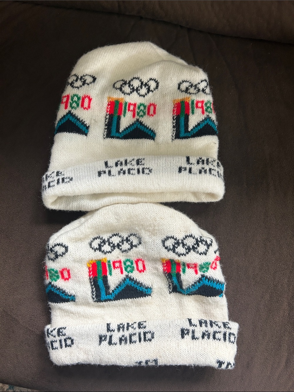 White Kids Beanie Hat with 1980 Olympics Motif